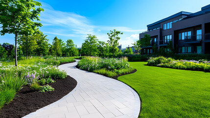 Aufkleber - A picturesque garden pathway surrounded by lush greenery and vibrant flowers, leading towards a modern building under a clear blue sky