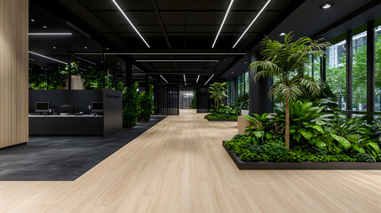 Poster - A modern office space with abundant greenery, wooden flooring, and sleek design, creating a fresh and inviting work environment