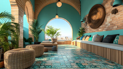 Poster - A vibrant interior space featuring a turquoise color scheme, natural elements, and intricate tile flooring, creating a cozy and inviting atmosphere