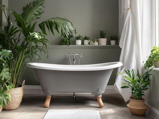 Wall Mural - Grey clawfoot bathtub in a luxurious green bathroom