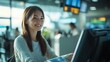 © pongtap - Smiling woman checking in at airport terminal travel digital interaction