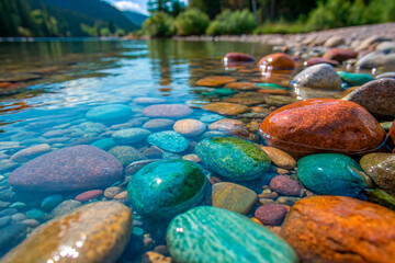 A close-up of the colorful smooth river rocks shining in shallow water - generated by ai