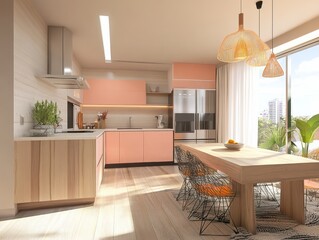 Wall Mural - Modern Kitchen Design with Pastel Pink Cabinets and Wooden Accents