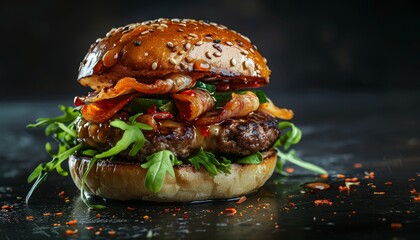 Wall Mural - A juicy burger with bacon, cheese, and arugula on a sesame seed bun.