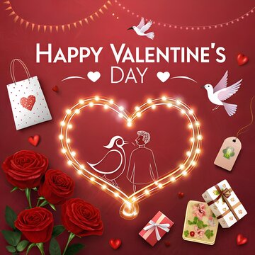 Happy Valentine's Day Poster or banner with symbol of heart from LED String lights and valentine elements on red background. Promotion and shopping template for love and Valentine's day 
