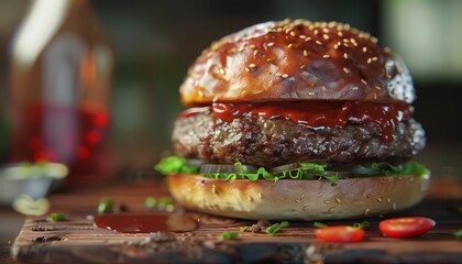 Wall Mural - A juicy beef burger with ketchup, lettuce, and pickles on a sesame seed bun,  with a tomato and a red sauce bottle in the background.