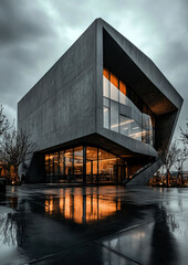 Poster - A striking concrete building showcases a unique geometric design, reflecting warm amber light.