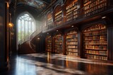 Elegant historical library with grand staircase and sunlit bookshelves