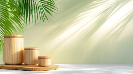 Aufkleber - A serene arrangement of wooden containers against a soft green background, complemented by gentle light and palm leaves, creating a calming atmosphere