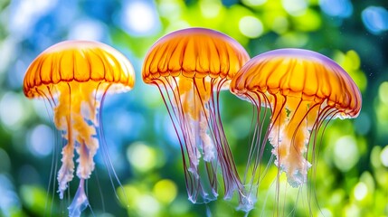 Wall Mural - Three Orange Jellyfish in Vibrant Ocean