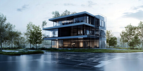 Poster - This stunning contemporary building features sleek lines and expansive glass facades, harmonizing with a lush, green landscape to create an inspiring workspace or residence.
