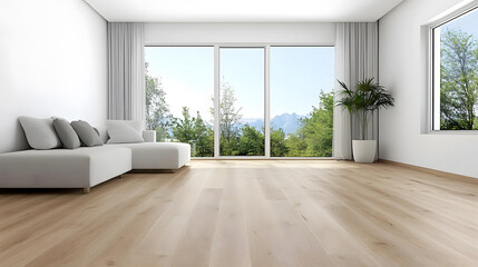 Aufkleber - A bright, modern living room featuring a light wooden floor, large windows with a scenic view, and a minimalist white couch with cushions