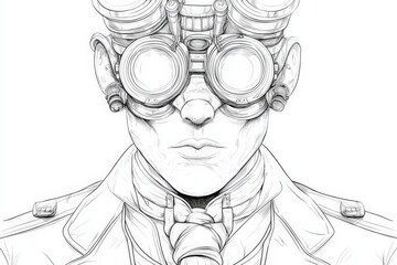 Steampunk male with goggles - detailed ink drawing of caucasian adult