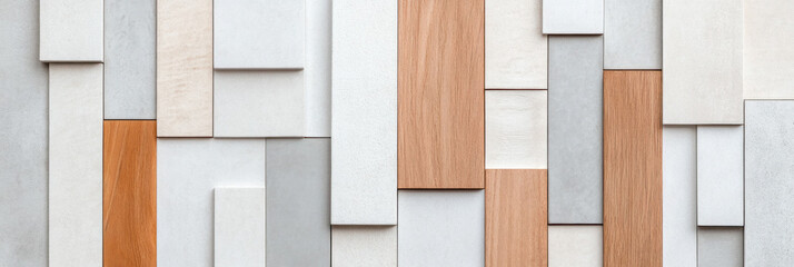 Poster - Textured wall panels in various materials and colors, including wood and stone, create modern aesthetic