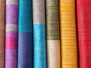 Vibrant fabric rolls in various colors and textures, showcasing textile diversity