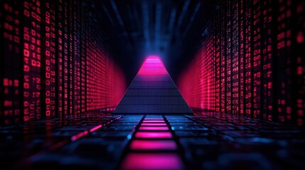 Poster - Futuristic Digital Pyramid with Neon Lights and Data Streams