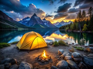 Wall Mural - Serene Twilight Lake Camping: Yellow Tent, Campfire, Mountain Views - Stock Photo