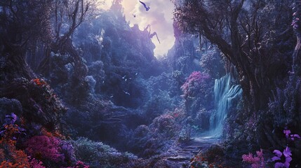 Wall Mural - Enchanted Forest Waterfall: A Fantasy Landscape