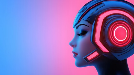 Poster - Futuristic Female Profile with Neon Lights and High-Tech Helmet Design