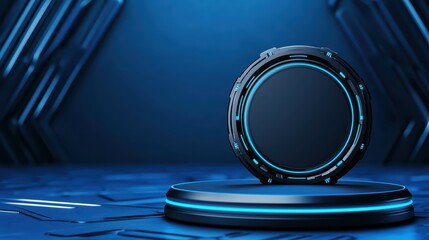 Poster - Futuristic Display Stand with Blue Glow in Sci-Fi Environment