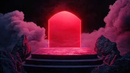 Poster - Neon Archway Surrounded by Clouds and Rocks in Dramatic Lighting