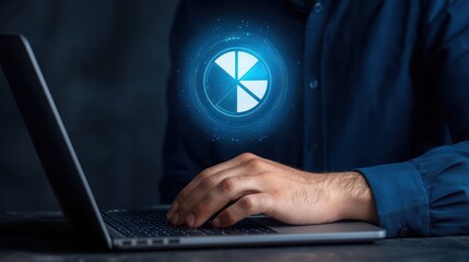 Poster - hand using laptop with digital pie chart graphic representation