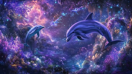 Wall Mural - two dolphins leap in a vibrant, cosmic underwater scene.