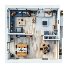 Aufkleber - An overhead view showcases a modern apartment's open-plan living and dining areas, meticulously furnished with stylish furniture and decor.