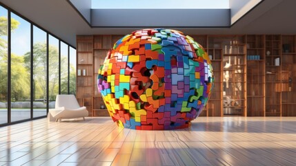 Wall Mural - a colorful ball made of blocks is displayed in a room with a lot of books