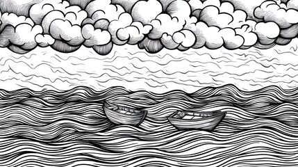 Two small boats on a wavy sea under a cloudy sky, hand-drawn illustration.