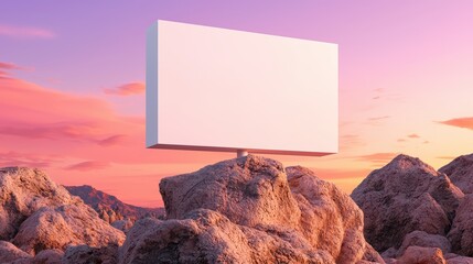 Wall Mural - Blank Billboard on Rocky Terrain against Vibrant Sky at Sunset