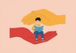 © Anomal - Three human hands surrounded boy reading book with kindness. Healthcare support and shield children's rights in society. Adults taking care about kids. Social protection and education for kids. Vector