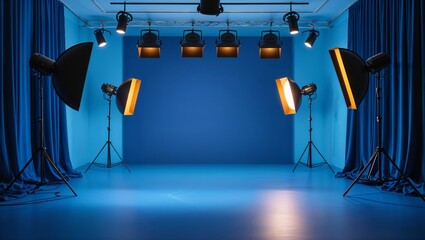 Empty 3D stage interior with spotlight and blue curtains