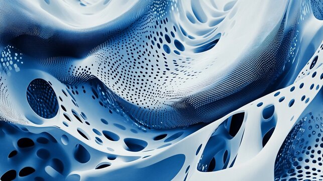 Abstract blue and white 3D rendering of a porous, flowing organic structure.
