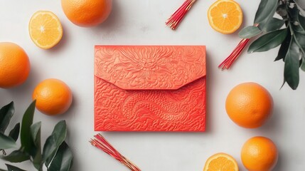 Wall Mural - red envelope with an intricate dragon design, lying on a festive Chinese New Year background with oranges and firecrackers.