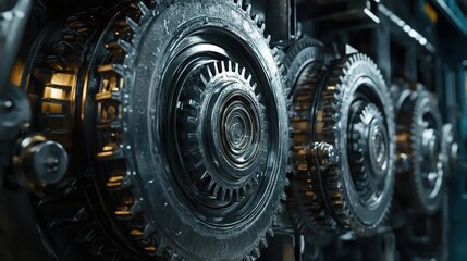 Poster - A close-up of large gears and pistons in a massive industrial machine.