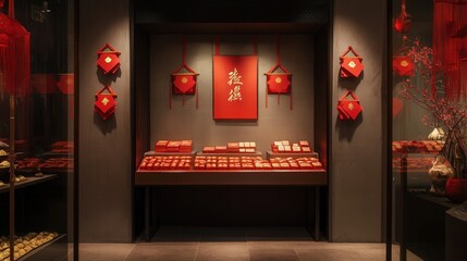 Poster - simple yet stunning display of red envelopes and gold ingots at the shop's entrance.