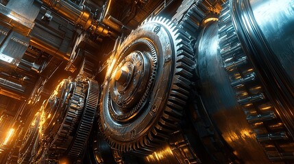 Poster - A close-up of large gears and pistons in a massive industrial machine.