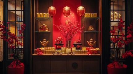 Poster - simple yet stunning display of red envelopes and gold ingots at the shop's entrance.