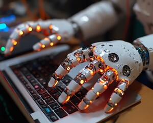 Poster - A humanoid AI with advanced robotic hands typing on a laptop, futuristic artificial intelligence at work, human labor replacement, machine learning concept, closeup perspective