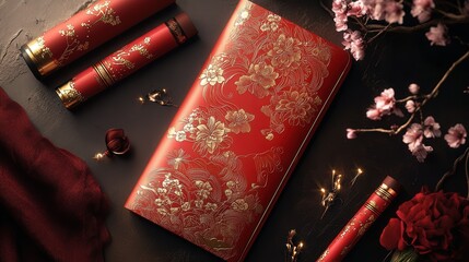 Wall Mural - Chinese New Year 2025 red envelope with intricate gold embossing, displayed with firecrackers and cherry blossoms