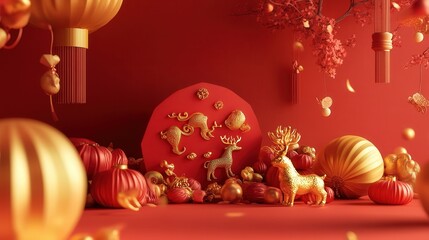 Wall Mural - Chinese New Year 2025 red envelope featuring golden zodiac symbols and festive decorations in a warm red setting