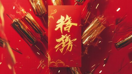 Wall Mural - Chinese New Year 2025 red envelope with bold gold calligraphy, set against a festive red background with firecrackers