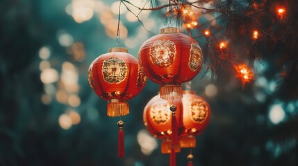 Wall Mural - Chinese New Year 2025 sign featuring red and gold motifs, hanging lanterns, and a lucky knot symbolizing prosperity