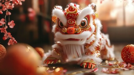 Chinese toy lion dance with bold patterns, surrounded by auspicious symbols like firecrackers and plum blossoms