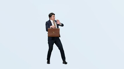Fototapete - dance, businessman, man, business, walking, dancer, businessperson, people, full body, bag, office worker, salaryman, japanese, asian, suit, cut-out, copy space, stage, performance, sales, acting, com