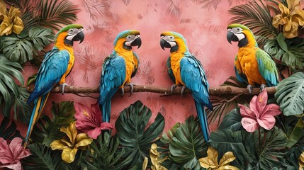 Wall Mural - Vibrant Macaws in Tropical Paradise: A Stunning Display of Colorful Birds and Lush Foliage