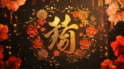 Wall Mural - Chinese New Year 2025 sign showcasing bold golden calligraphy with decorative patterns of firecrackers and blossoms