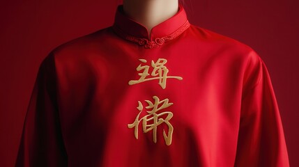 Chinese New Year shirt with a sleek red design and subtle golden calligraphy, representing wealth and happiness.