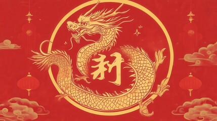 Wall Mural - Chinese New Year 2025 invitation sign blending minimalist typography with classic red and gold colors, accompanied by a dragon illustration.